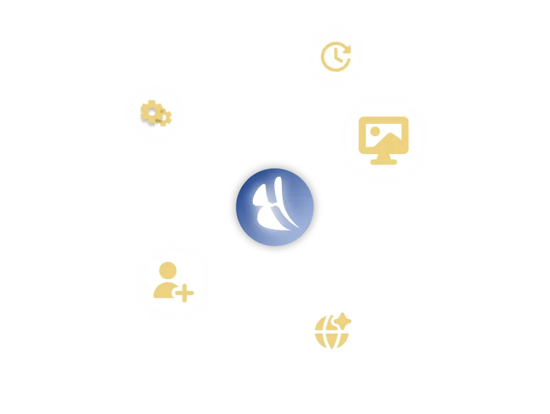 Illustration of interconnected icons representing The BH Solution’s services, including automation, client management, website design, and global online presence optimization.