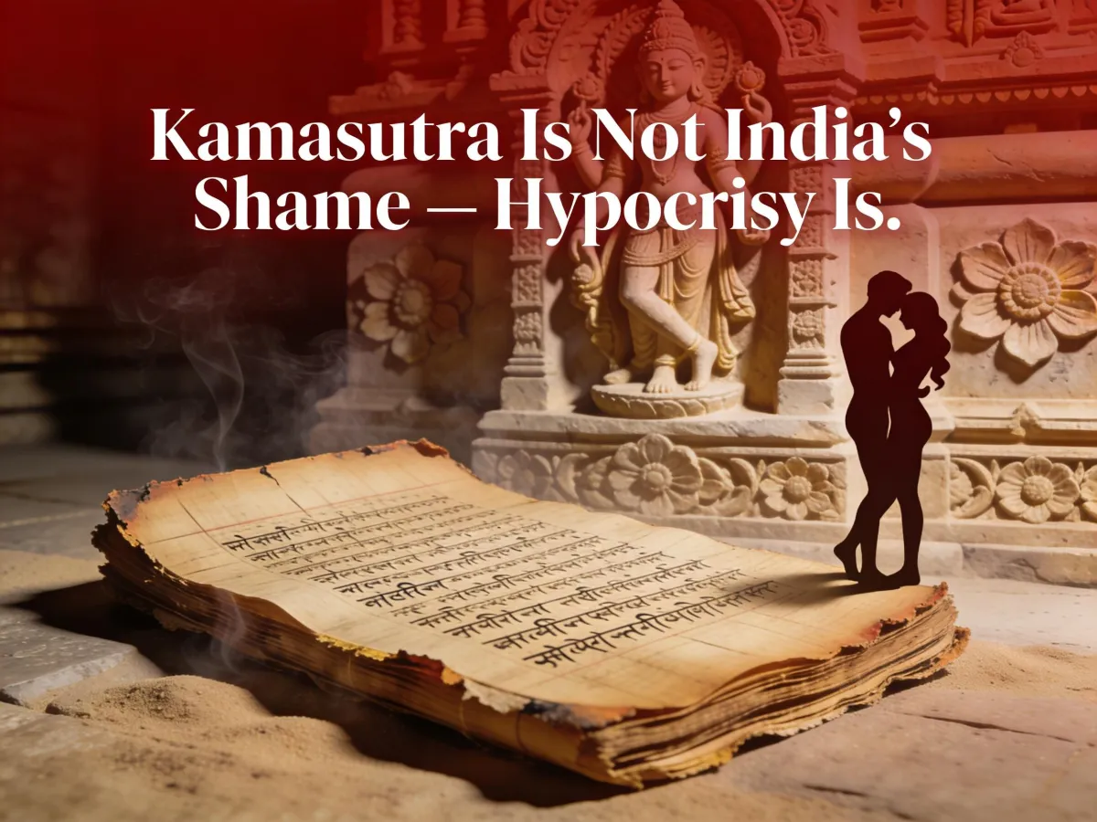 Symbolic editorial artwork of ancient Indian manuscript and temple carvings representing Kamasutra, Indian culture, desire, and spiritual hypocrisy