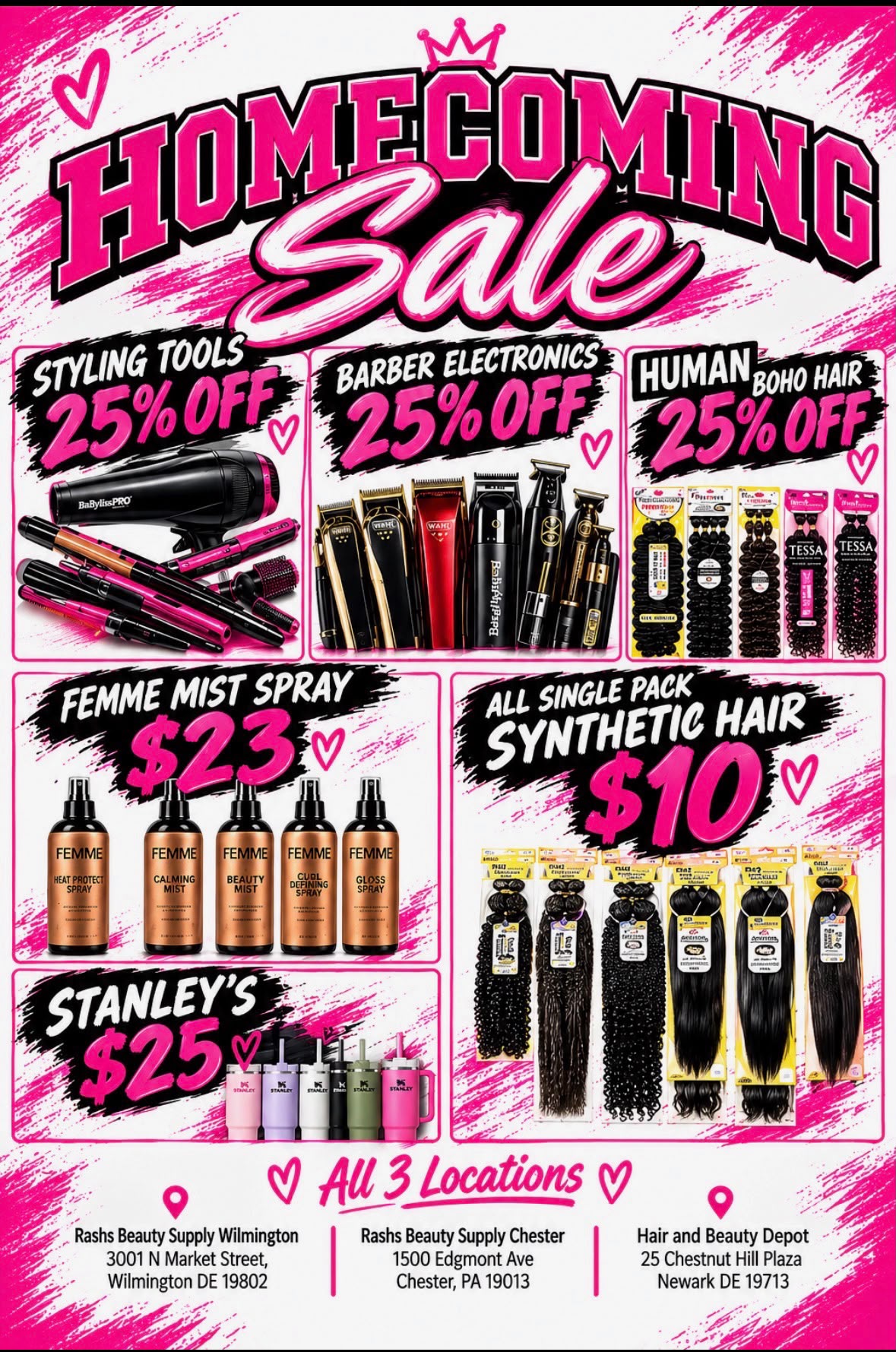 Homecoming Sale - 25% off styling tools, barber electronics and human boho hair