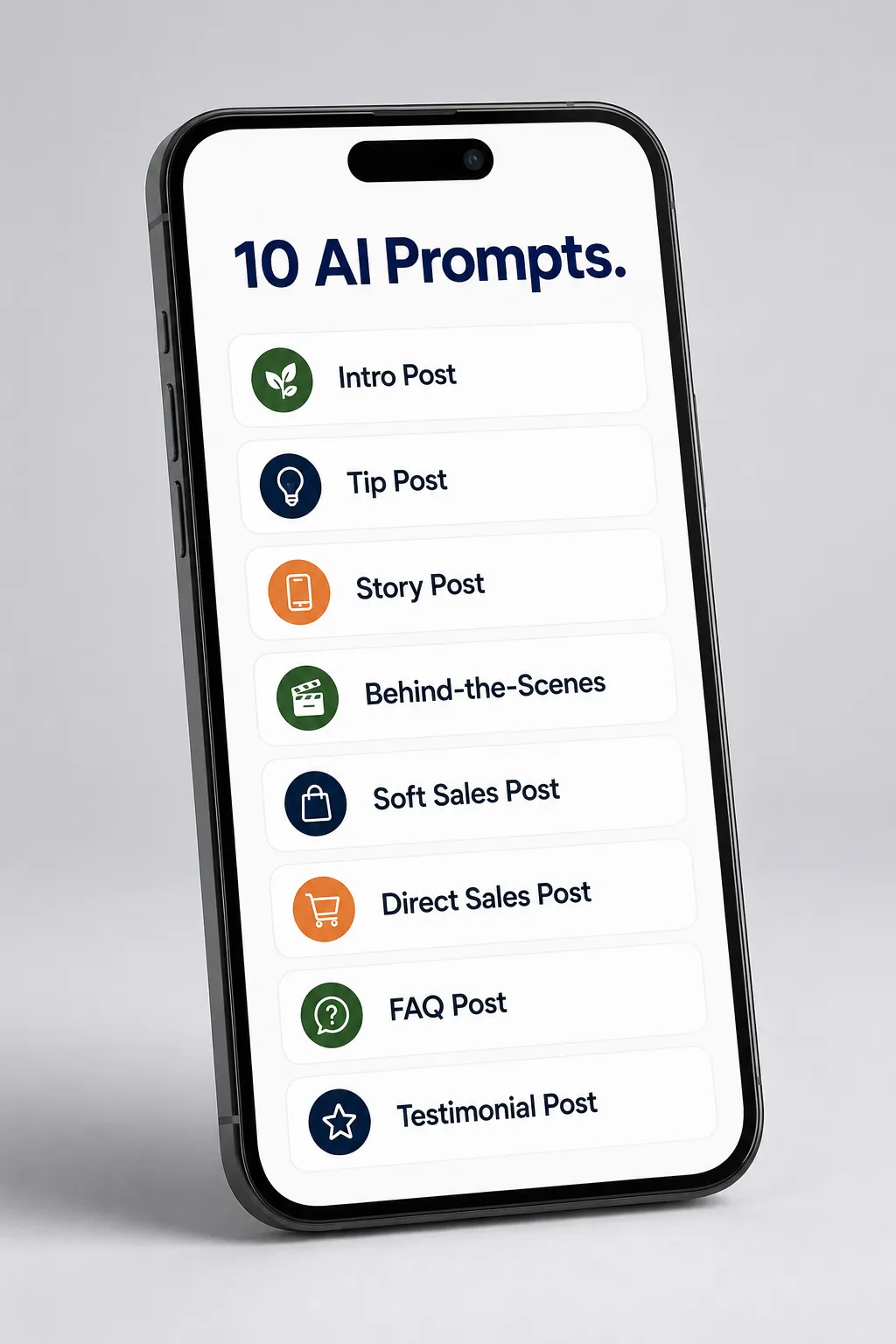 Friendly phone mockup showing a colorful digital document titled '10 AI Prompts' in forest green, navy, and orange — flat illustration with soft shadows and rounded device