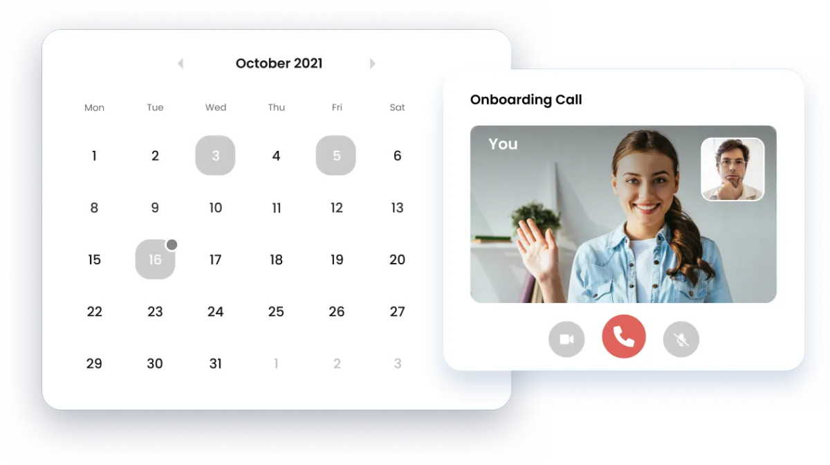 A calendar with an onboarding call booked date. A picture next to it of a Clientcloud.io Customer Success team member waving hello to a new client