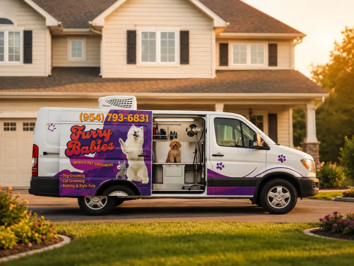 Gleaming mobile grooming van parked in front of a happy client's home