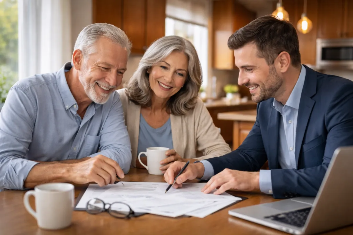 Canadian couple meeting with a mortgage broker to plan their reverse mortgage strategy — covering home maintenance reserves, TFSA contributions, and long-term financial planning