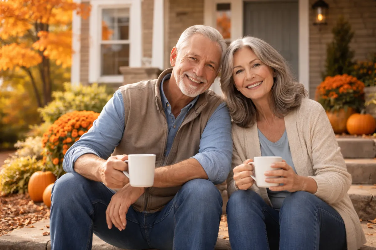 Canadian couple enjoying retirement on the porch of their home — exploring reverse mortgage options