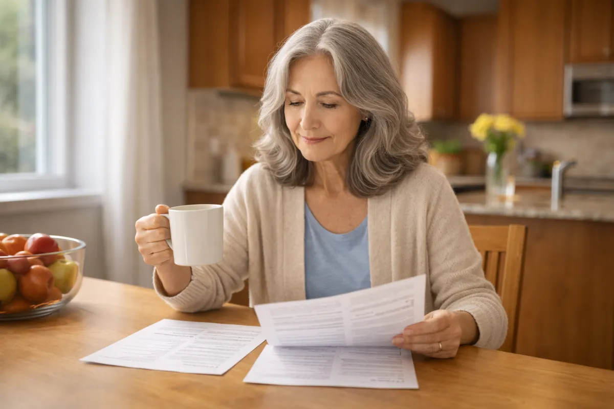 Canadian homeowner comparing reverse mortgage lender options at her kitchen table