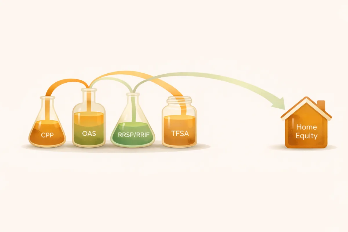 Conceptual illustration of five Canadian retirement income sources — CPP, OAS, RRSP/RRIF, TFSA, and home equity — flowing together into a unified retirement income stream