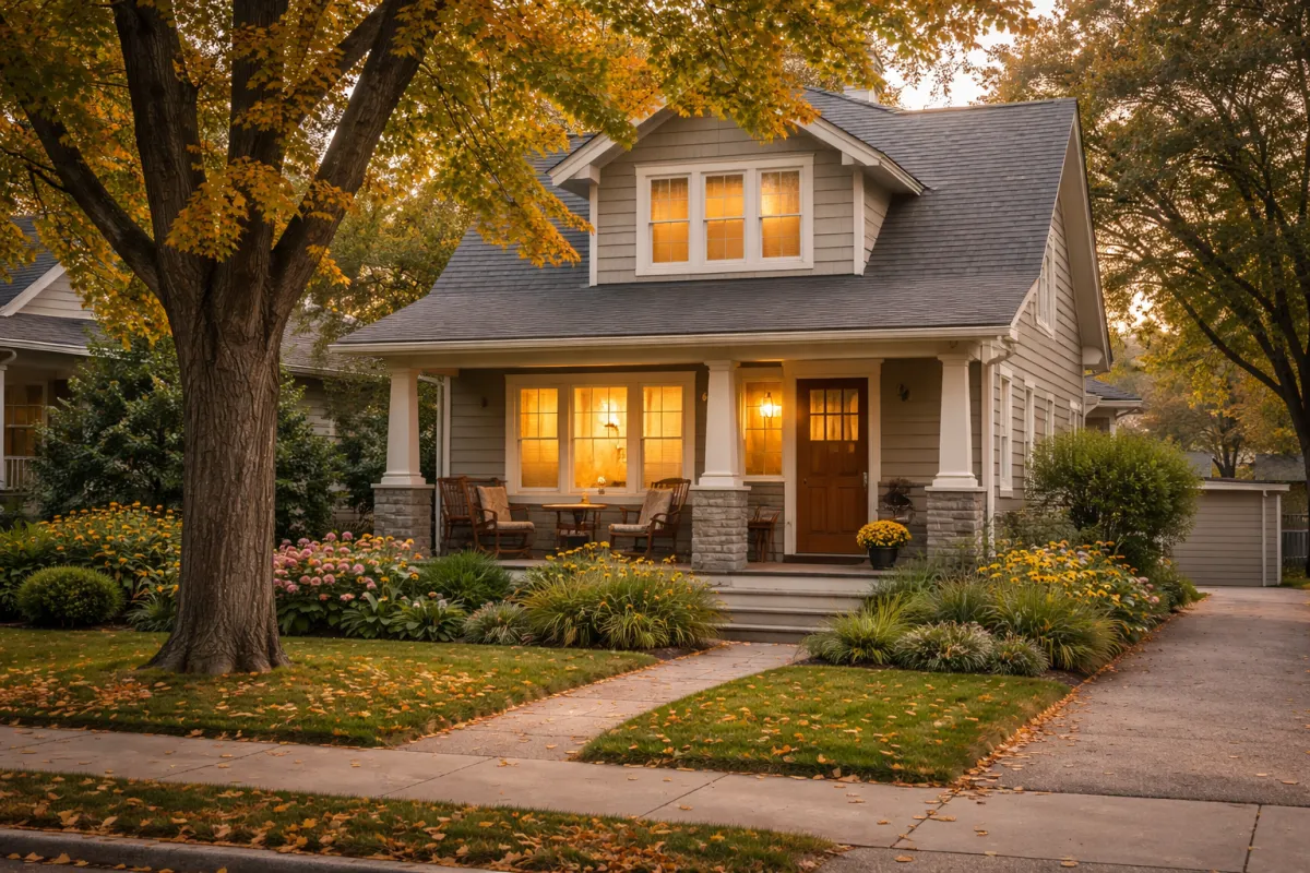 Well-maintained Canadian home on a quiet autumn street — representing a homeowner's choice to age in place, supported by home equity