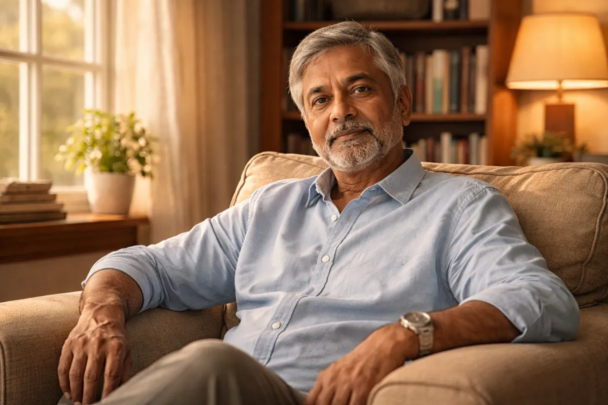 South Asian man in his mid-60s sitting in an armchair, looking thoughtful — representing the careful consideration of when to use home equity in retirement