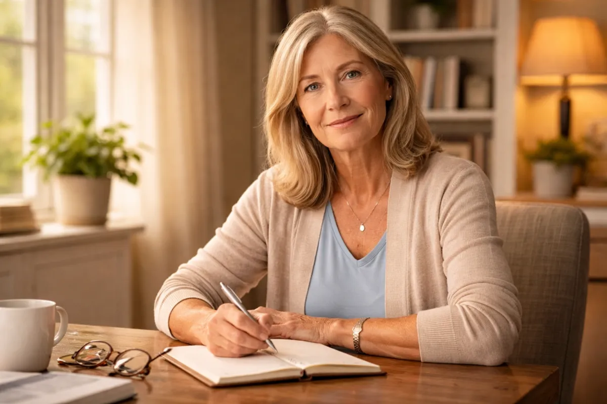 Canadian woman in her early 60s sitting at a desk with a notepad, looking prepared and composed — ready to ask the right questions before signing a reverse mortgage