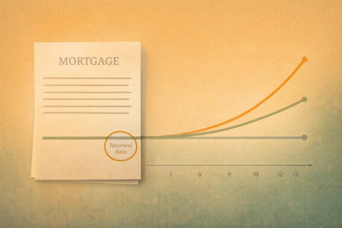 Conceptual illustration showing three different reverse mortgage renewal rate trajectories — one rising above market, one tracking market, one locked flat — representing the key difference between Canadian lenders