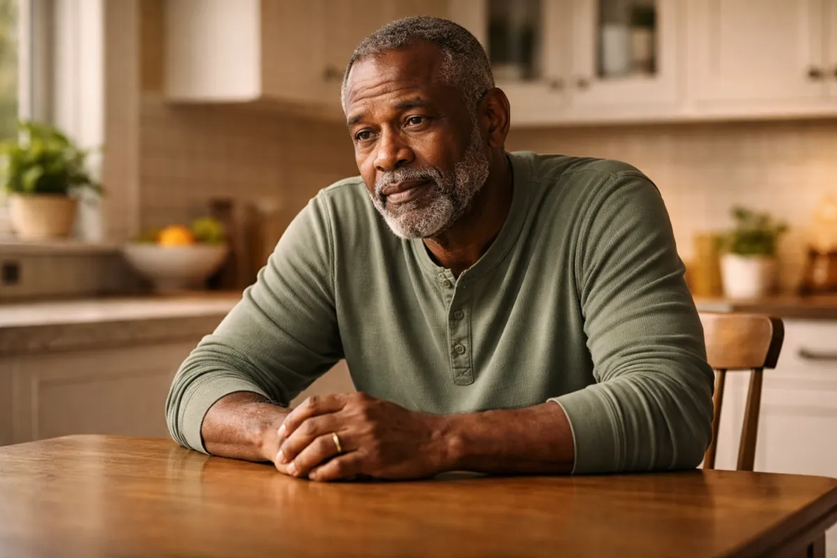 Black Canadian man in his early 60s sitting at a kitchen table, leaning forward with careful focus — representing thoughtful due diligence before a reverse mortgage decision