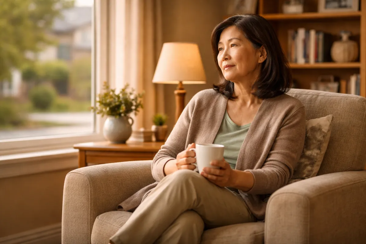 East Asian woman in her early 60s sitting alone in an armchair, looking out a window with a cup of tea — quietly reflective, working through a significant financial decision
