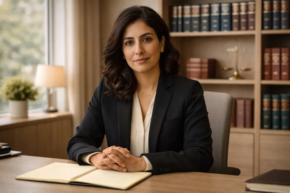 Middle Eastern woman estate lawyer sitting at her desk in a professional office — representing the legal expertise needed to navigate reverse mortgage considerations in estate planning