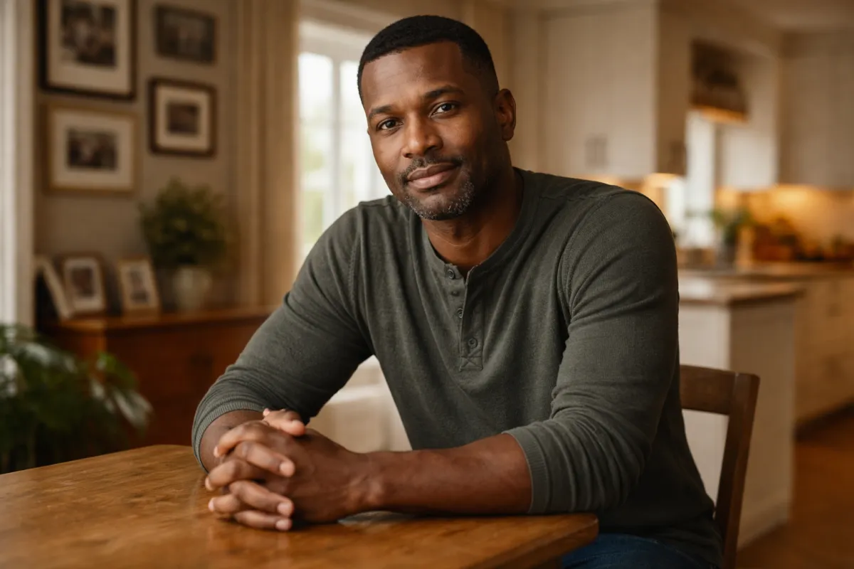 Black Canadian man in his early 40s sitting at his kitchen table, looking composed and thoughtful — representing a homeowner under 55 who is carefully considering home equity options