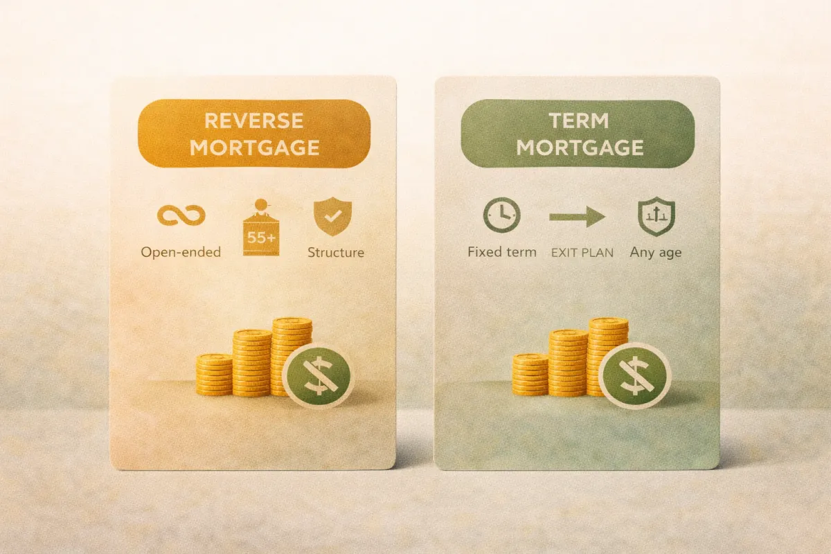 Conceptual illustration of two no-payment home equity product cards side by side — reverse mortgage and no-payment term mortgage — showing their shared feature and their key structural differences