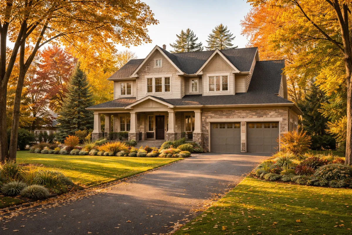Large, well-maintained Canadian home on an established street in autumn — representing a higher-value property where a no-payment term mortgage may provide more capital than a reverse mortgage