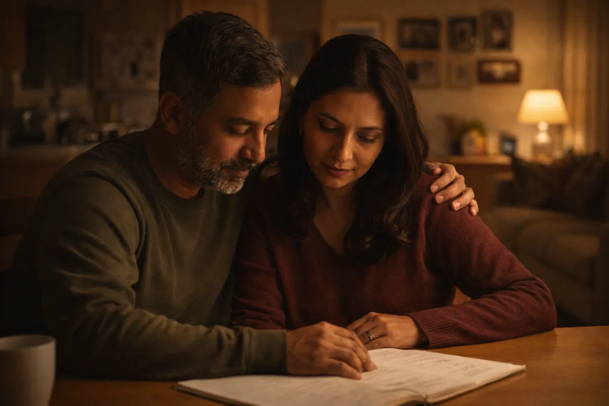 South Asian couple in their mid-40s sitting together at a kitchen table in the evening, focused and collaborative — working through a significant financial decision involving home equity