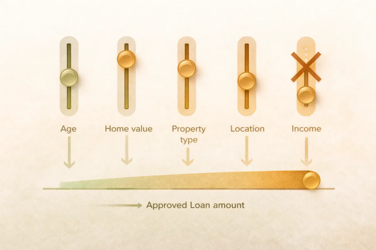 Conceptual illustration of four factors determining a reverse mortgage loan amount — age, home value, property type, and location — with income shown as not a factor
