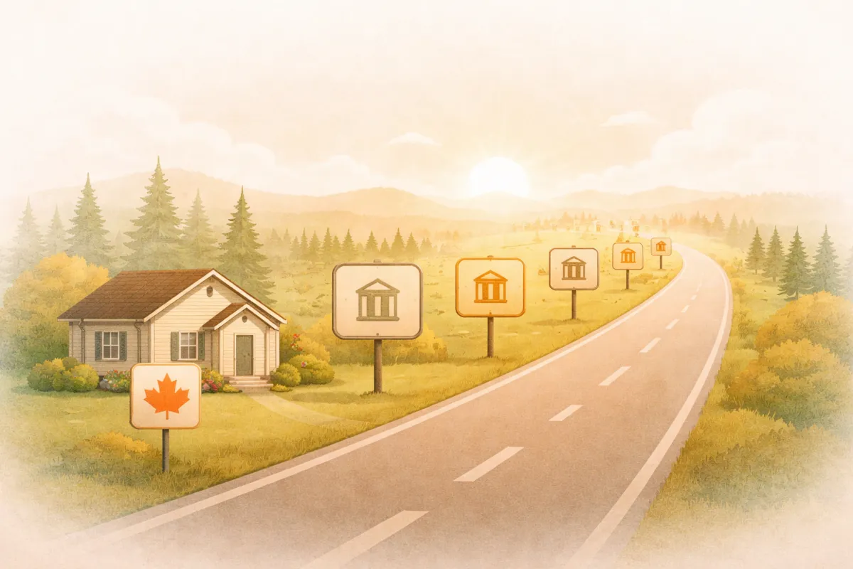 Conceptual illustration of a road with current reverse mortgage lender signposts in the foreground and additional signposts visible in the distance — representing the expanding Canadian reverse mortgage market