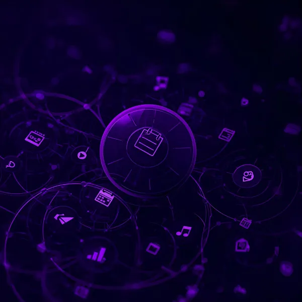 A central glowing purple calendar icon surrounded by a circular network of smaller digital icons, all connected by thin lines on a dark futuristic background.
