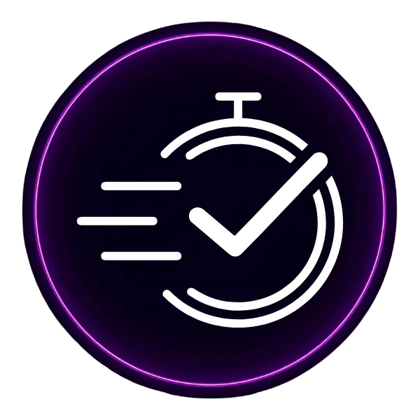 A dark purple circle with an icon that shows a timer with a checkmark in the middle of it