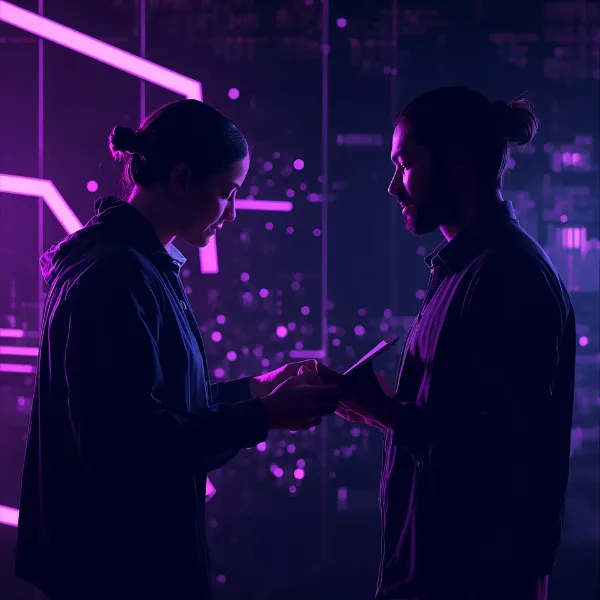 Two people facing each other in a dim, neon-lit environment, holding and examining a digital tablet together, with abstract technology patterns glowing behind them.