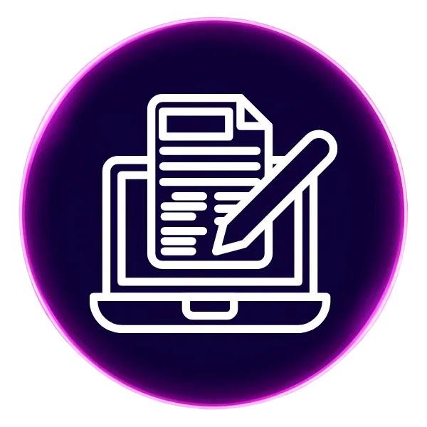 A purple circle with an icon in the middle that shows a laptop that has a document with a pen on it representing writing