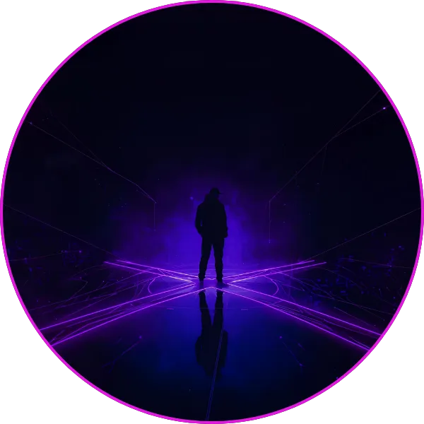 A silhouetted figure stands on a reflective surface surrounded by intersecting beams of purple light, appearing in a dramatic futuristic environment.