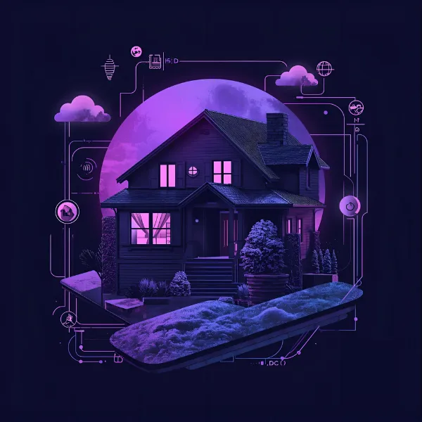 Neon purple and blue illustration of a modern smart home surrounded by floating digital interface icons and circuitry, symbolizing connected home technology and automation