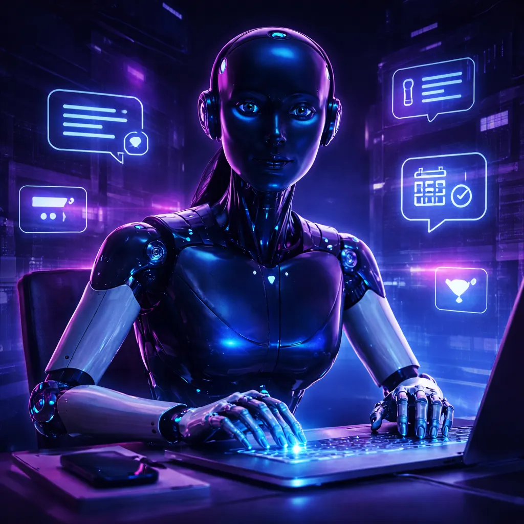 A futuristic humanoid robot with a smooth, glossy face illuminated by blue and purple neon light, looking directly forward against a dark background.