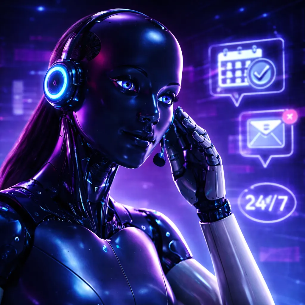 A glowing, neon-lit robot seated at a desk, typing on a keyboard while looking at a computer screen, surrounded by digital interface elements in purple and blue tones.
