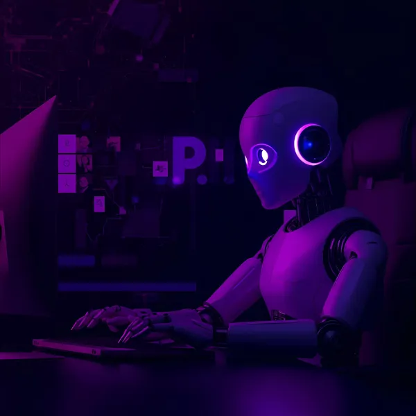 A glowing, neon-lit robot seated at a desk, typing on a keyboard while looking at a computer screen, surrounded by digital interface elements in purple and blue tones.