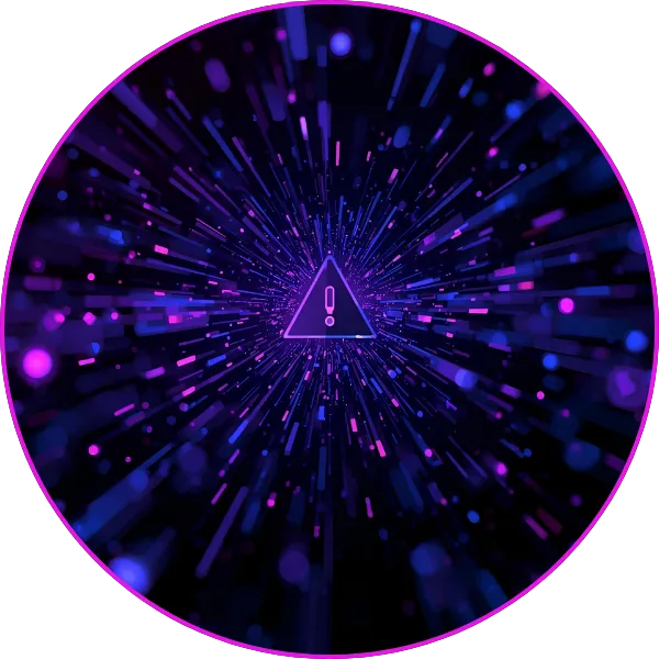 A glowing triangular warning symbol with an exclamation mark at the center radiates outward through vibrant purple and blue digital light streaks.