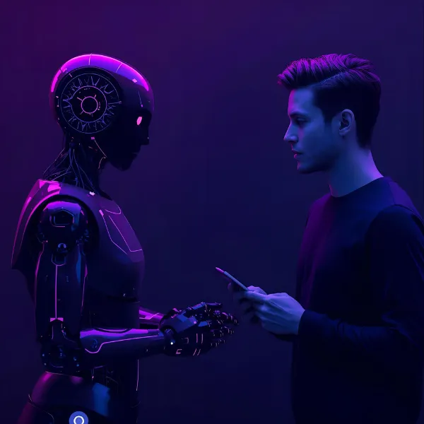 A young man holding a smartphone stands face-to-face with a humanoid robot, both lit by dramatic purple and blue lighting, suggesting a moment of communication or collaboration.