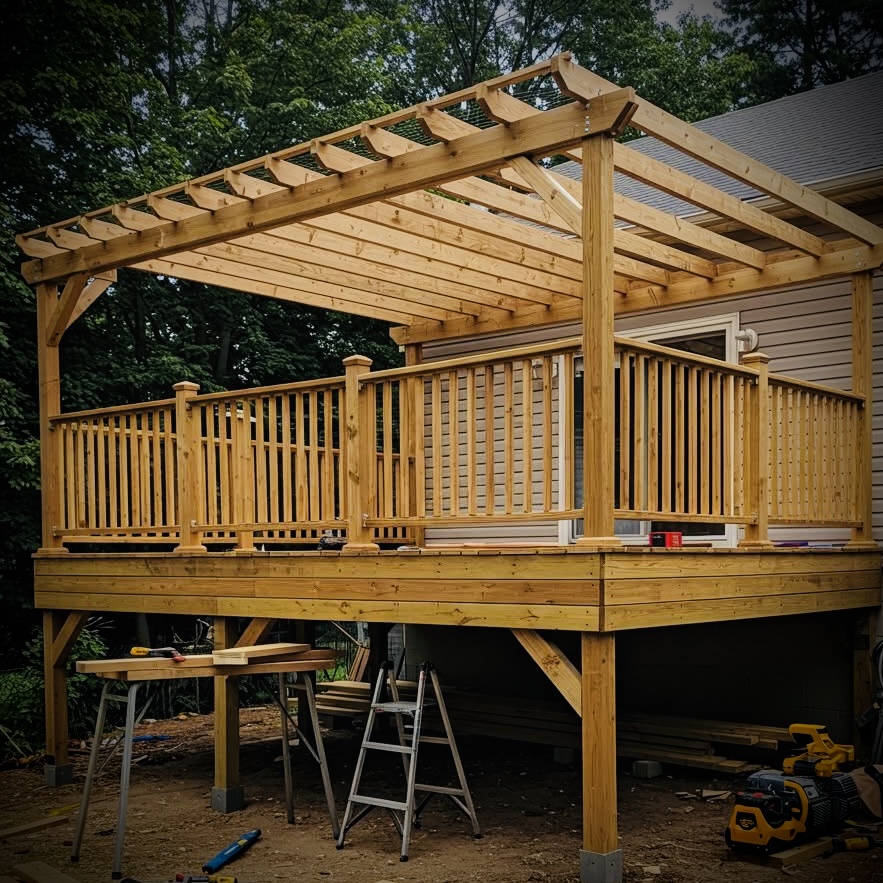 Custom pressure-treated deck build in Fredericton backyard