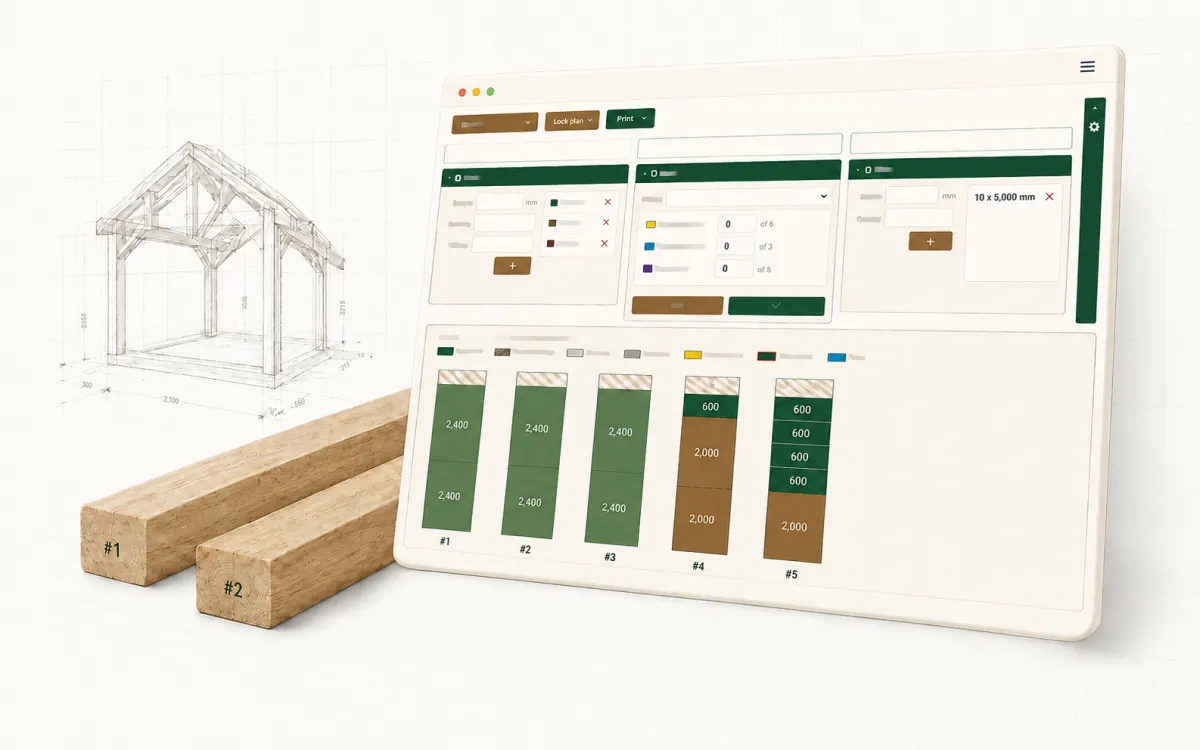 Software UI mockup of a garden office cutting plan and timber visualizer