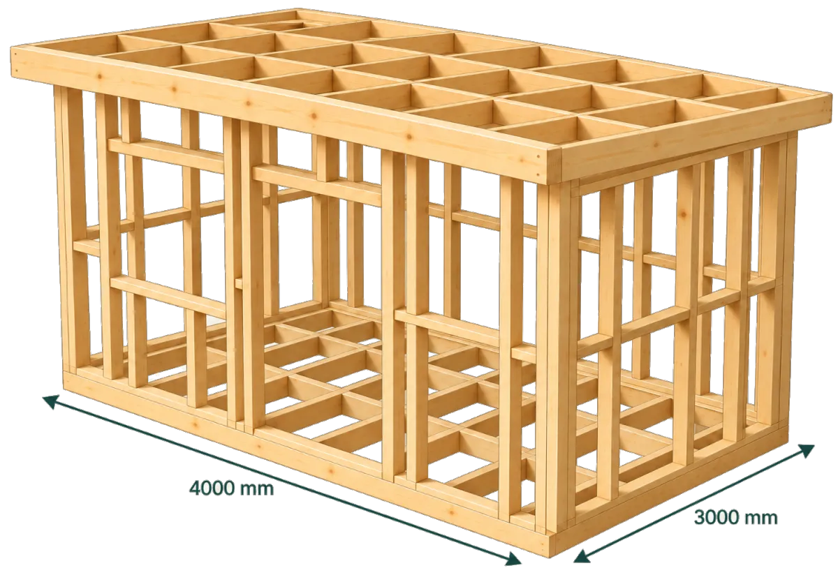 Line art blueprint render of a 4x3m garden office structure