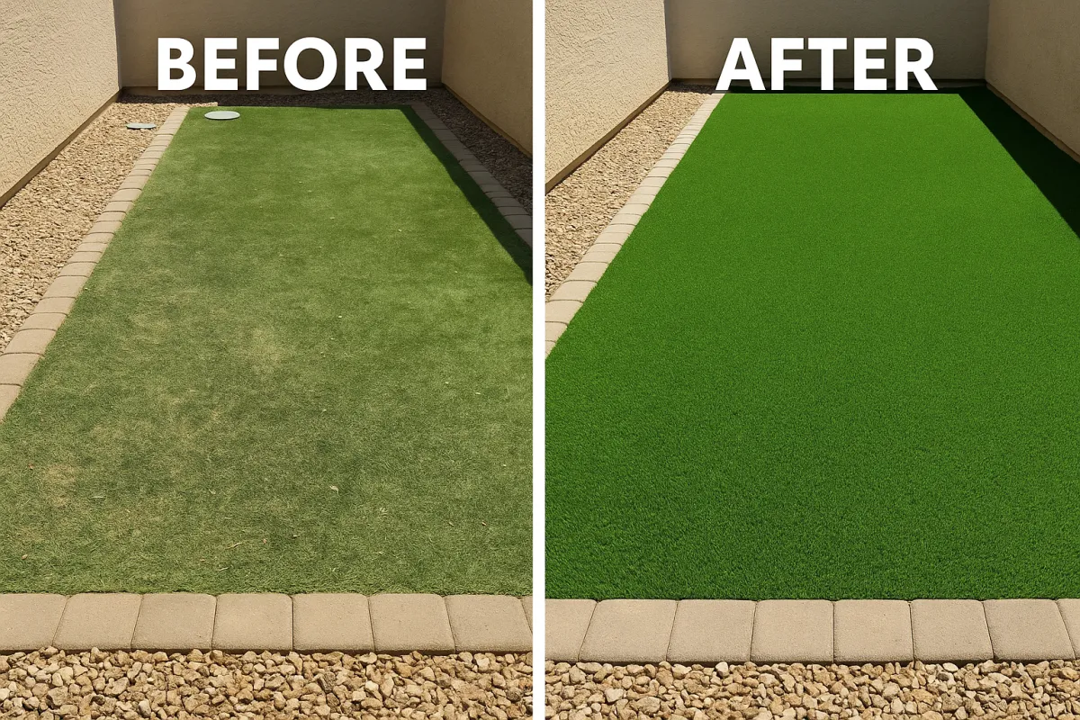 Before and after artificial turf cleaning showing restored green color and lifted blades in a Tucson backyard.