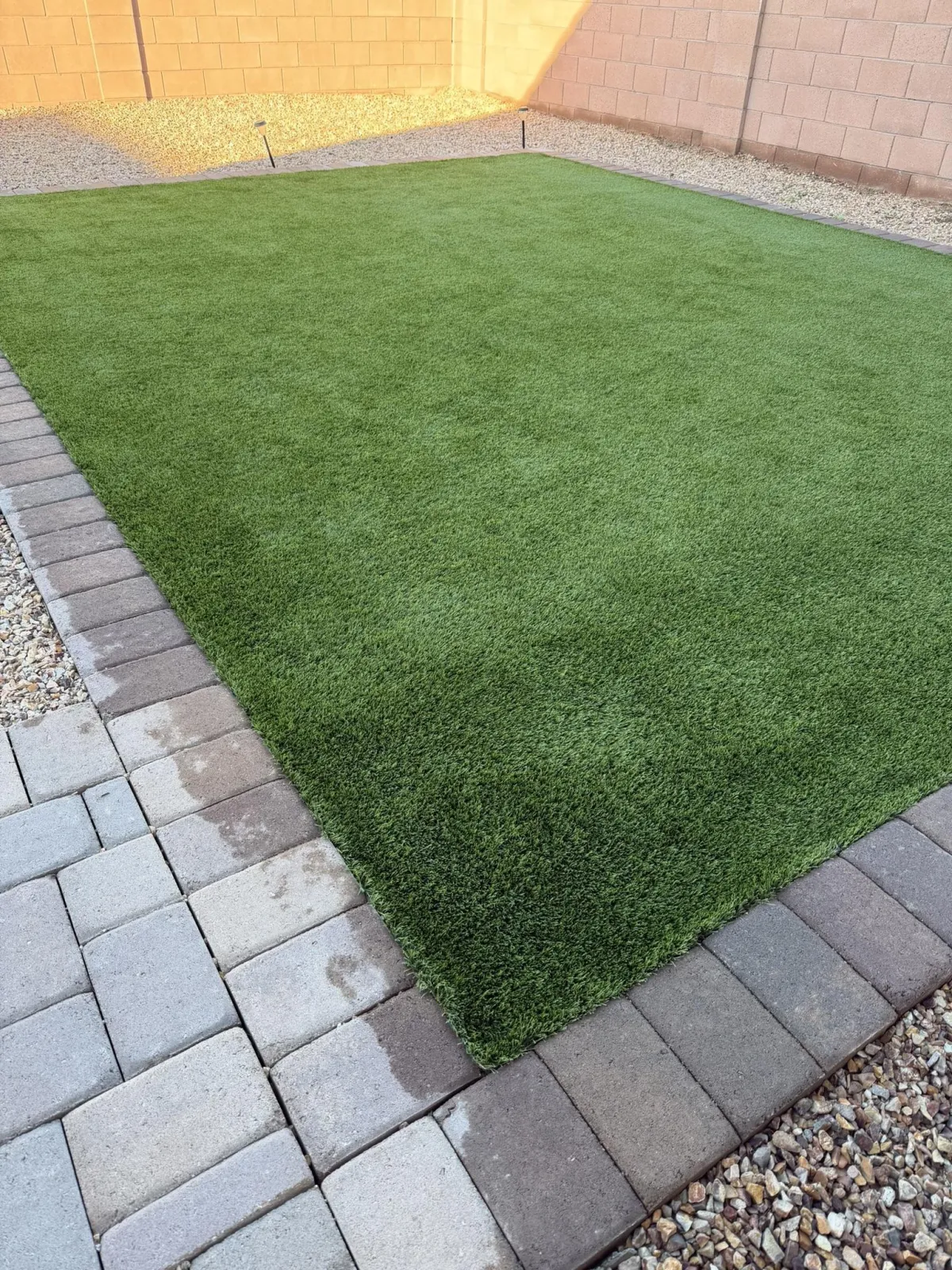 Detailed artificial turf grooming to lift flattened blades and remove debris in Tucson backyard