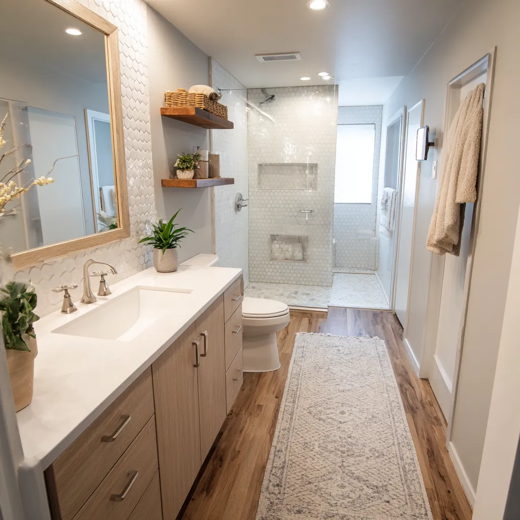 Elegant bathroom remodel with freestanding tub, large vanity, gold fixtures, and walk-in glass shower.