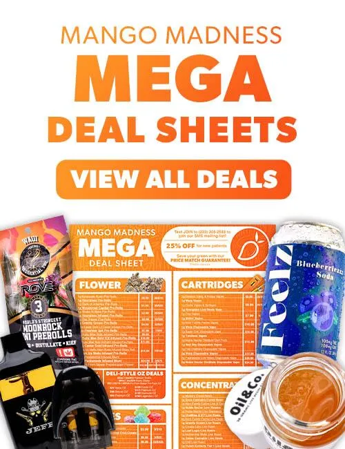 Tap to discover Mango Madness Mega Deals on cannabis essentials, formatted for mobile viewing.