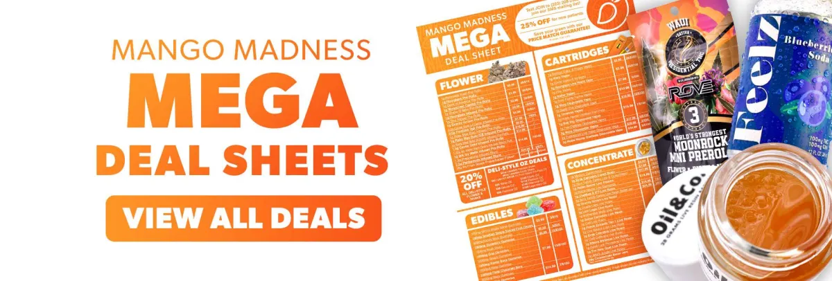 Mango Madness Mega Deals banner showcasing exclusive offers on cannabis flowers, cartridges, and edibles for desktop users.