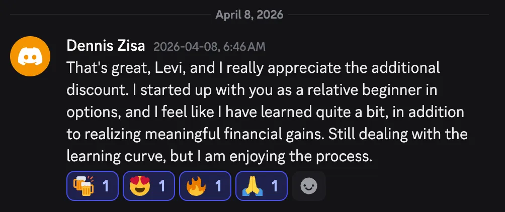 Testimonial from Dennis Z. in Drawbridge Traders Club Discord describing how a beginner in options trading achieved meaningful financial gains and is enjoying the learning process.