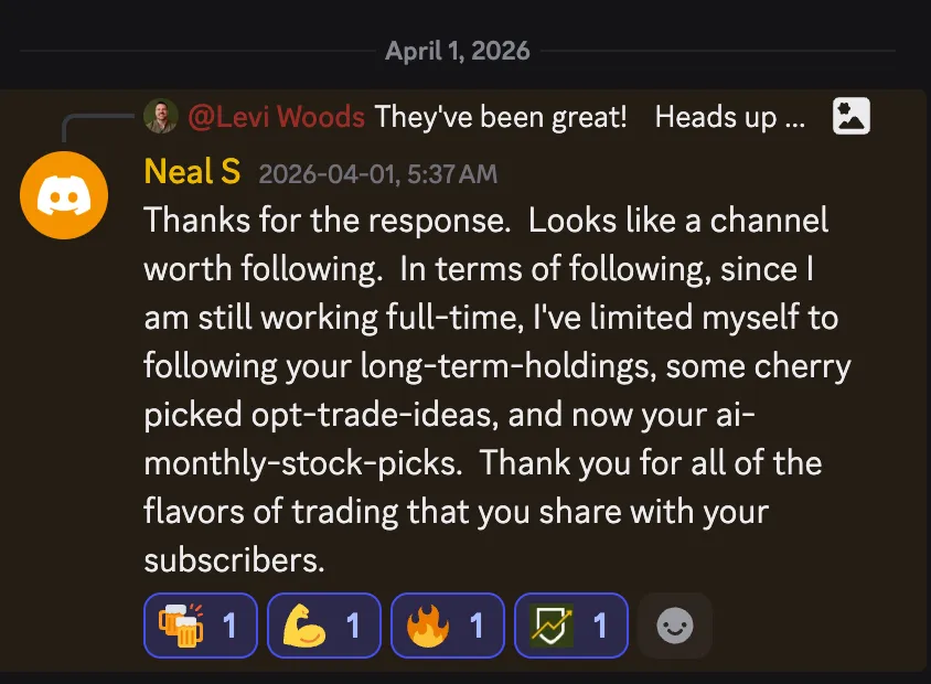 Testimonial from Neal S. in Drawbridge Traders Club Discord showing how a full-time professional uses AI monthly stock picks and long-term holdings to trade efficiently.