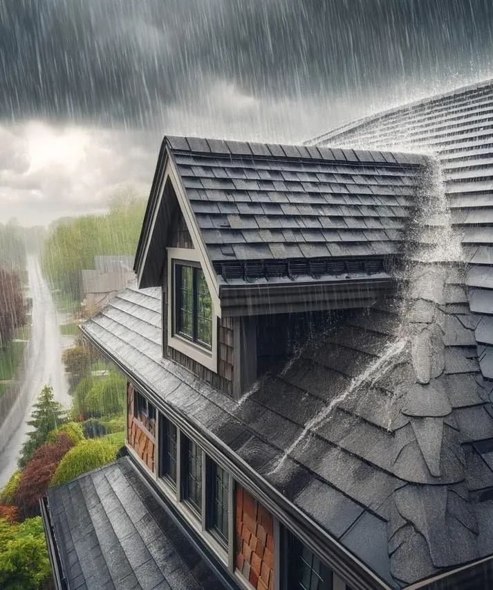 a shingle roofing facing a heavy rain