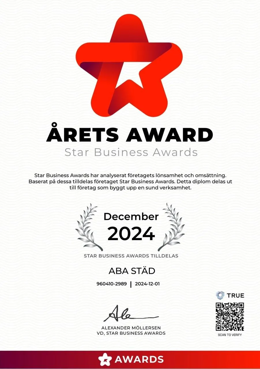 Diplom: Årets Award 2024 tilldelat ABA Städ för kvalitet och kundnöjdhet