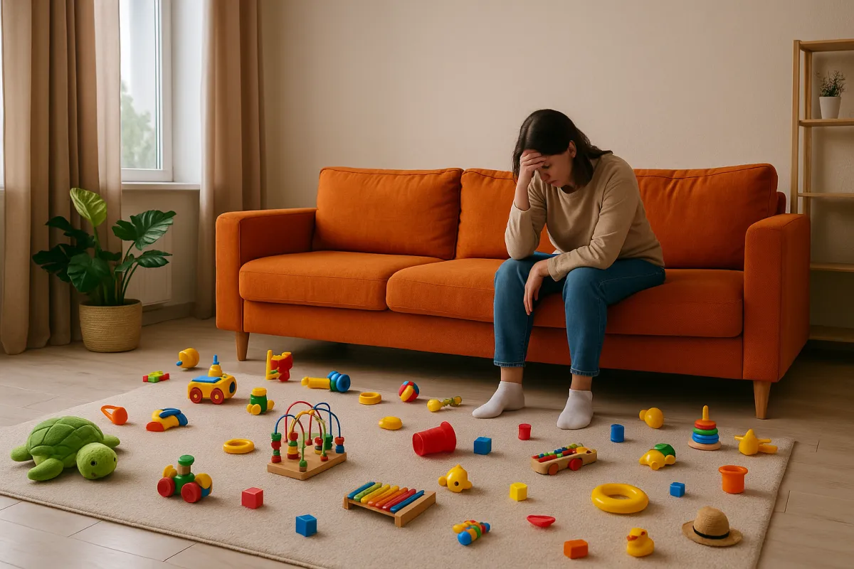 Stressad mamma i stökigt vardagsrum fullt av leksaker – ABA Städ erbjuder professionell hemstädning i Norrköping, Linköping och Östergötland för ett rent hem.