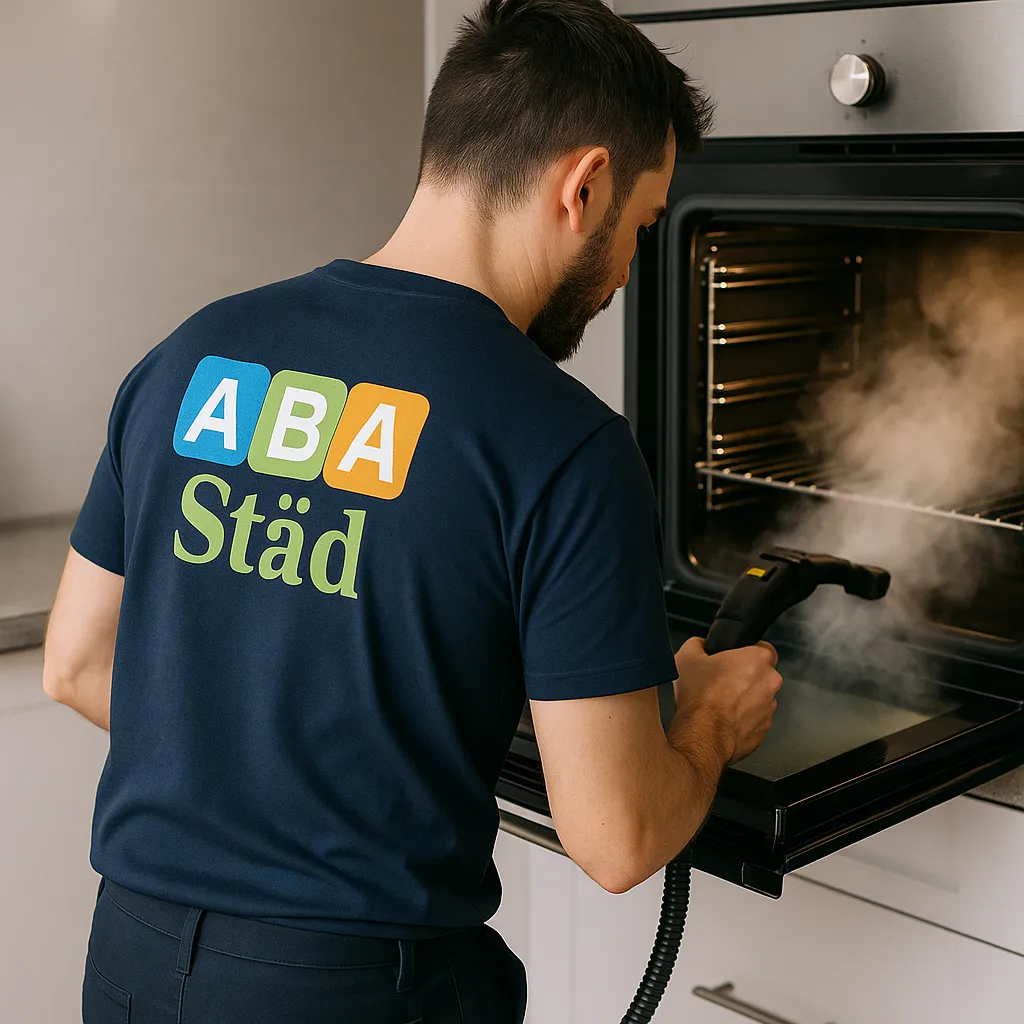 ABA Städ personal utför professionell rengöring av ugn i Norrköping och Linköping med ångrengöring som tar bort fett, smuts och beläggningar för ett skinande rent kök.