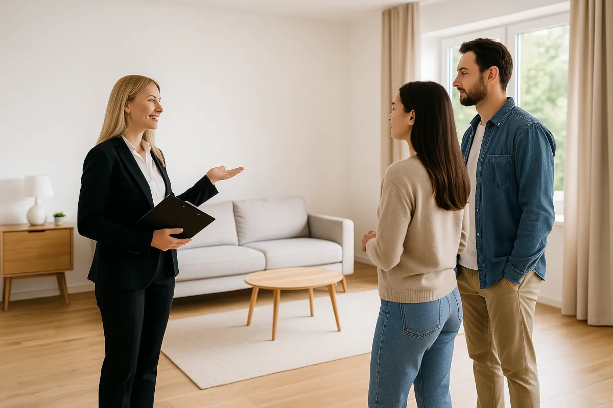 ABA Städ visningsstädning – mäklare visar upp ett rent och välstädat vardagsrum för spekulanter.