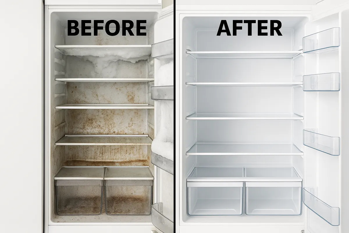 Före- och efterbild av kylskåp och frys – smutsig med isbildning jämfört med skinande ren och hygienisk efter rengöring av ABA Städ.